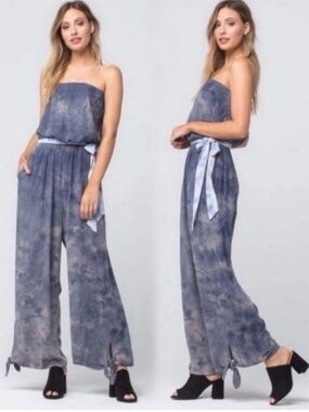 Free People Just Float Strapless Wide-Leg Tie-Dye Jumpsuit - Slate Blue Size XS